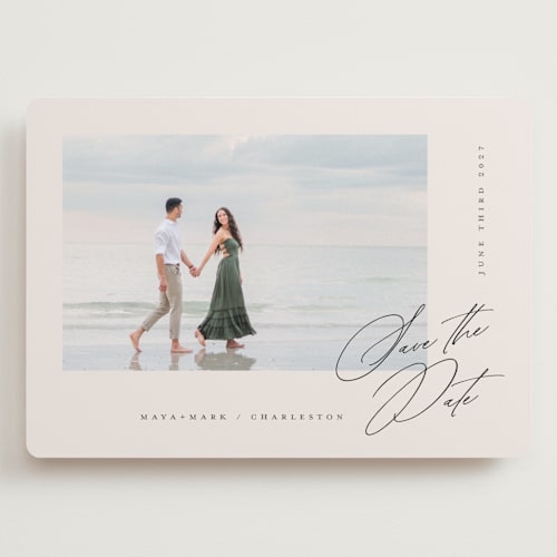 This is a cream save the date with standard by Lori Wemple called posted printing on recycled smooth signature in grand
