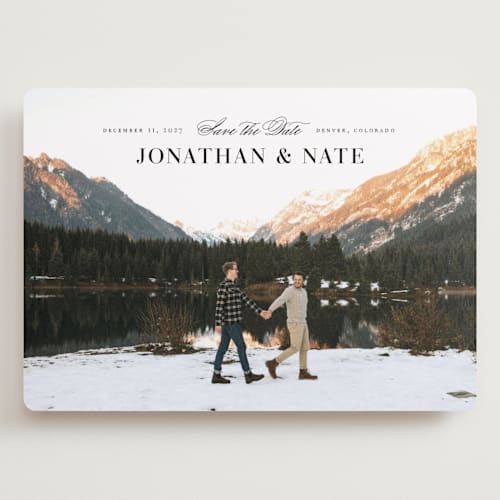 This is a onyx save the date with standard by Jennifer Postorino called centered printing on recycled smooth signature in grand