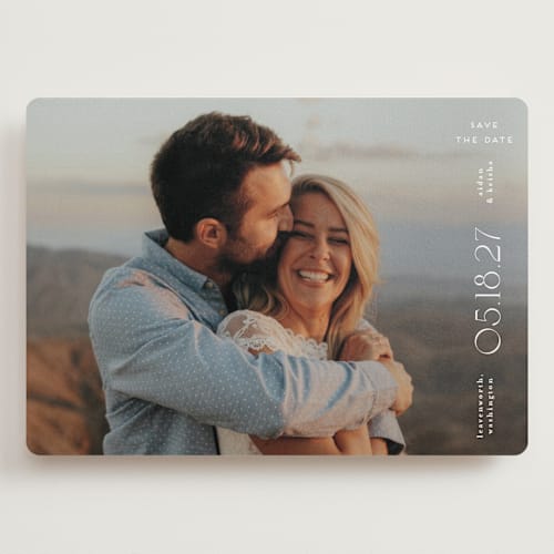 This is a diamond save the date with standard by chocomocacino called souffletine printing on recycled smooth signature in grand
