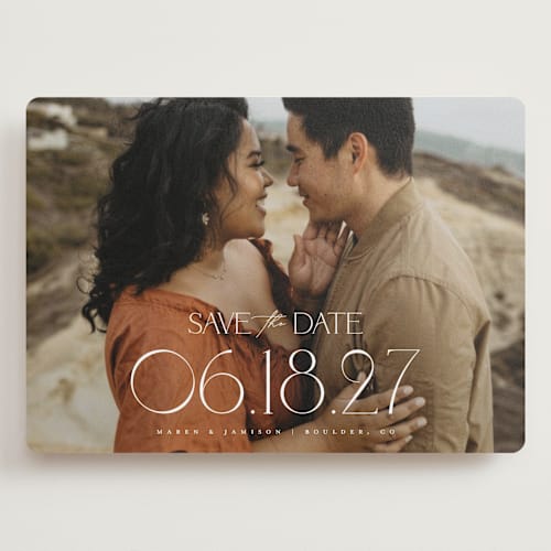 This is a opal save the date with standard by Robert and Stella called brookefield printing on recycled smooth signature in grand