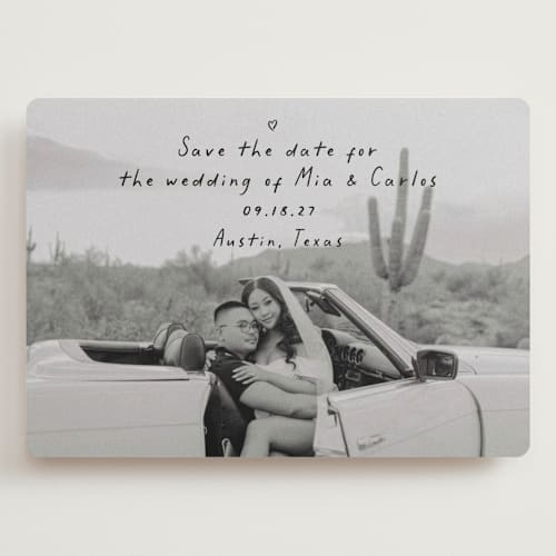 This is a noir save the date with standard by Olivia Raufman called noted printing on recycled smooth signature in grand