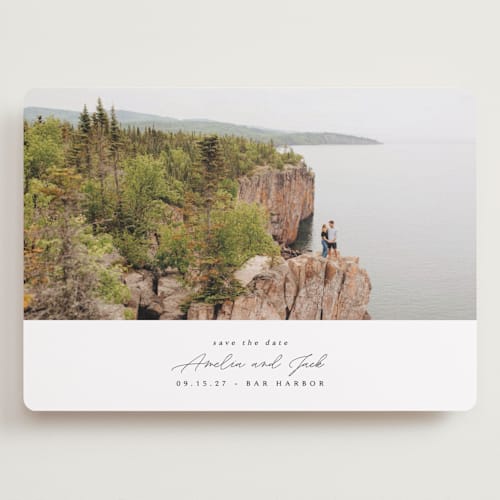 This is a snow save the date with standard by Kaydi Bishop called composition printing on recycled smooth signature in grand