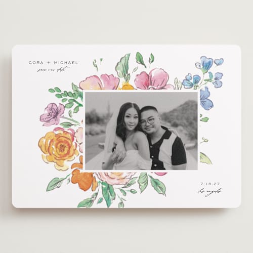 This is a vibrance press save the date with standard by Itsy Belle Studio called floral pop printing on recycled smooth signature in grand