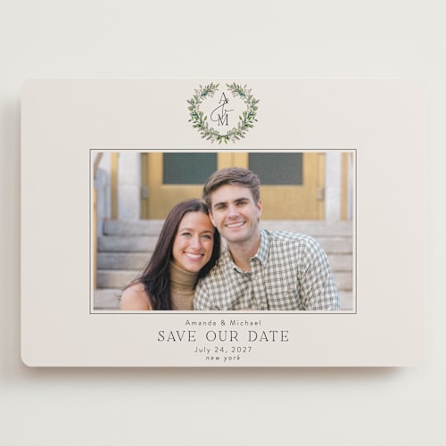 This is a ecru save the date with standard by Susan Moyal called classic monogram printing on recycled smooth signature in grand