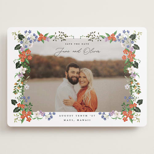 This is a lotus save the date with standard by Sarah Knight called tropicana printing on recycled smooth signature in grand