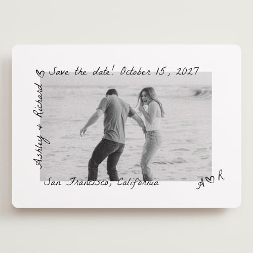 This is a graphite save the date with standard by Claudia Orengo called showered printing on recycled smooth signature in grand