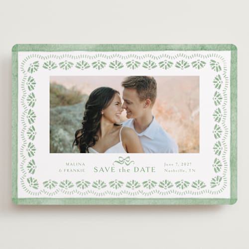 This is a meadow save the date with standard by Melanie Kosuge called charming printing on recycled smooth signature in grand
