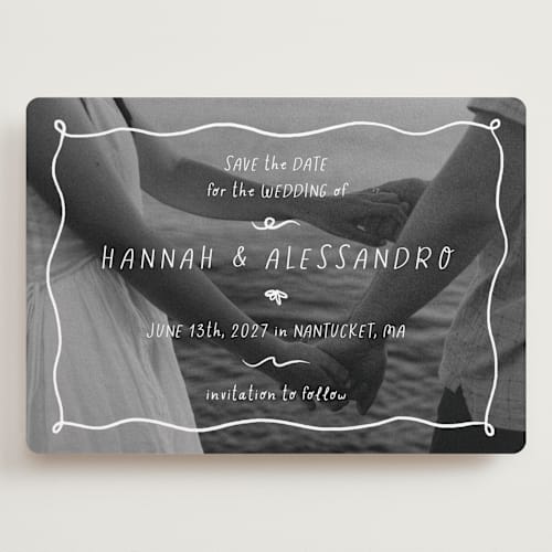 This is a snow save the date with standard by Emily Sabol Goss called whimsical printing on recycled smooth signature in grand