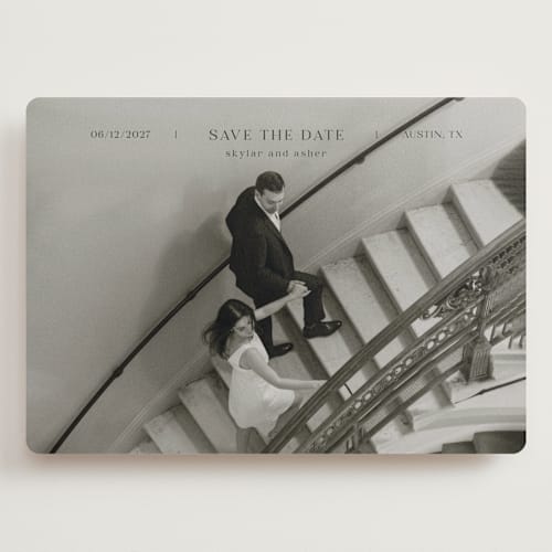 This is a noir save the date with standard by Tamara Hilje called in line printing on recycled smooth signature in grand