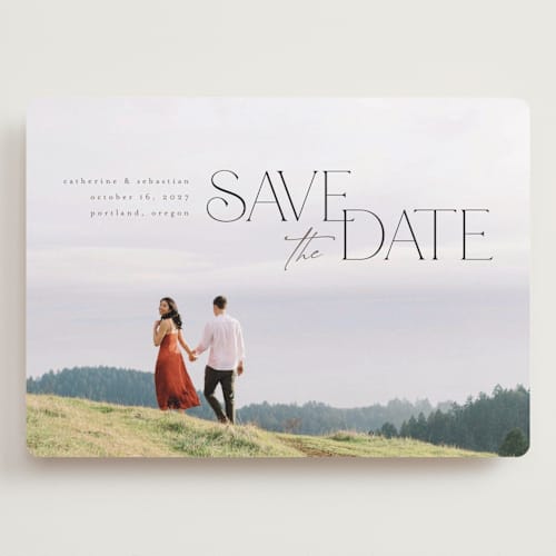 This is a galaxy save the date with standard by Orasie called hand in hand printing on recycled smooth signature in grand