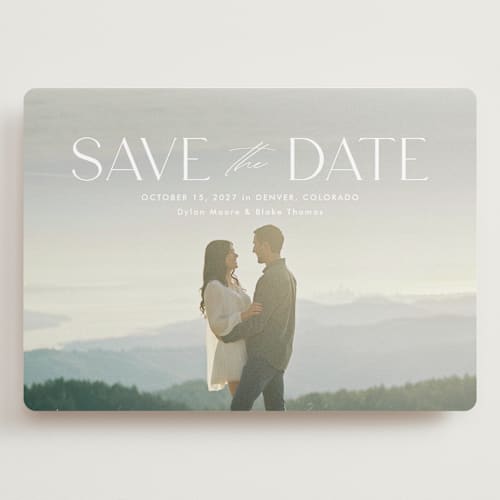 This is a cloud save the date with standard by Kate Ahn called monterosso printing on recycled smooth signature in grand