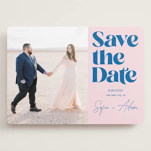 This is a petal save the date with standard by Yaling Hou Suzuki called fun colors printing on recycled smooth signature in grand