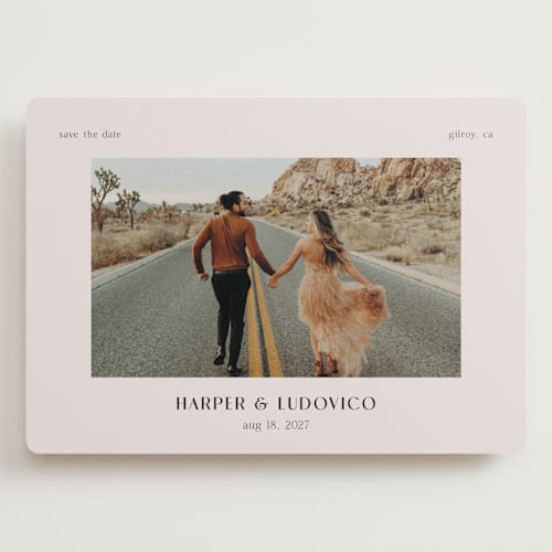 This is a tan save the date with standard by chocomocacino called banofee printing on recycled smooth signature in grand
