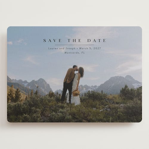 This is a midnight save the date with standard by Abi de Leon called magical printing on recycled smooth signature in grand