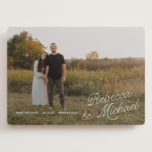 This is a quartz save the date with standard by Paper Raven Co. called fairfield printing on recycled smooth signature in grand