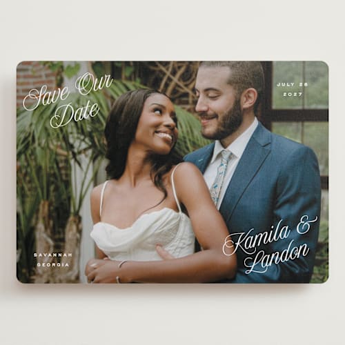 This is a cloud save the date with standard by Hooray Creative called all four corners printing on recycled smooth signature in grand