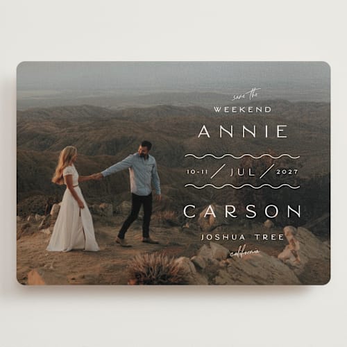 This is a bone save the date with standard by Alaina Cherup called wiggly weekend printing on recycled smooth signature in grand