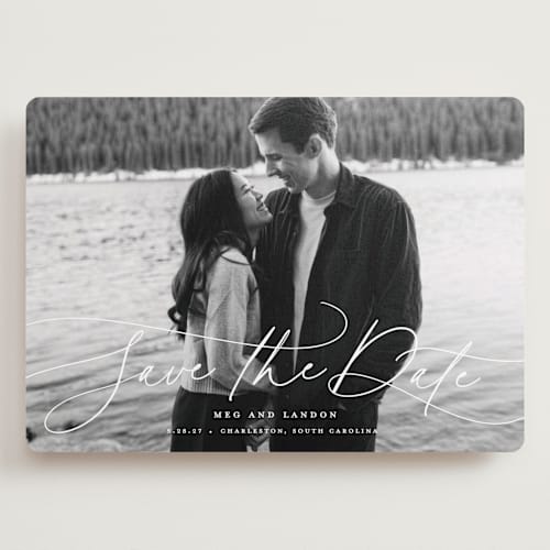 This is a snowfall save the date with standard by Lauren Chism called subtle rise printing on recycled smooth signature in grand