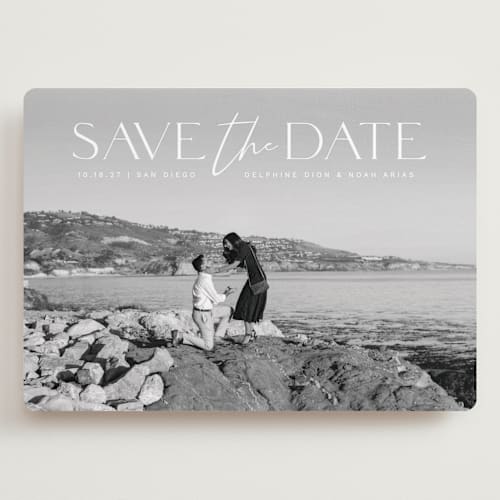 This is a moonstone save the date with standard by Olivia Raufman called breathtaking printing on recycled smooth signature in grand