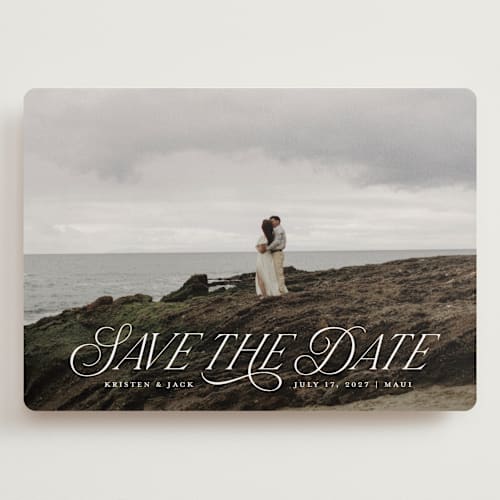 This is a porcelain save the date with standard by Sarah Brown called story book printing on recycled smooth signature in grand