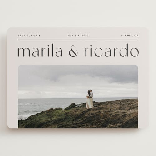 This is a linen save the date with standard by Blustery August called nameplate printing on recycled smooth signature in grand