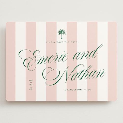 This is a taffy save the date with standard by Susan Zinader called palm stripes printing on signature in grand