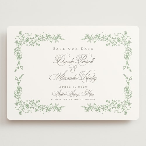 This is a mint save the date with standard by Melinda Denison called romantic garden printing on signature in grand