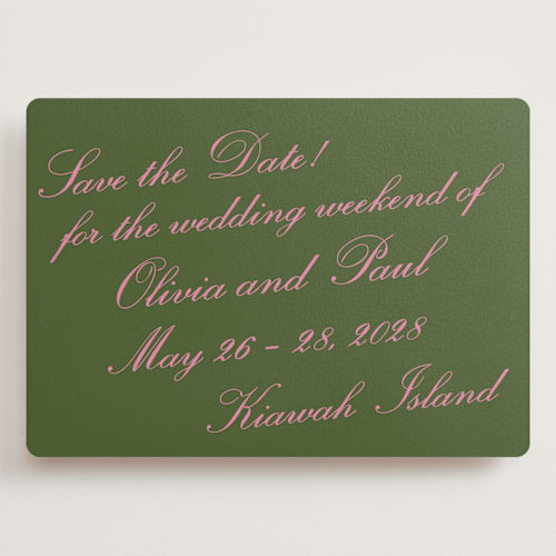This is a moss save the date with standard by Megan Davis called kiawah printing on signature in grand
