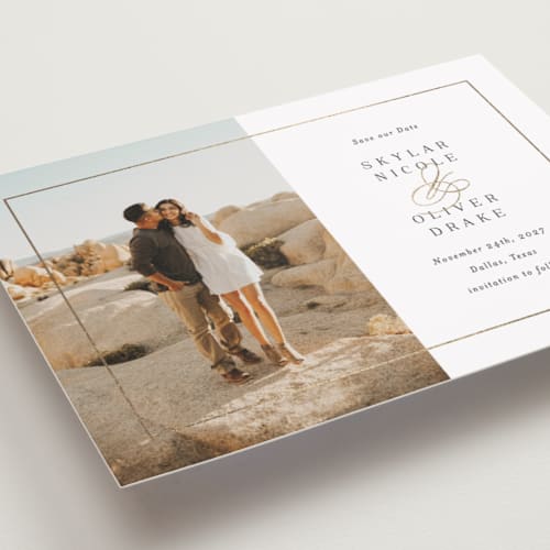 This is a sugar petite save the dates with foil pressed by Jessica Williams called bianca printing on recycled smooth signature in petite