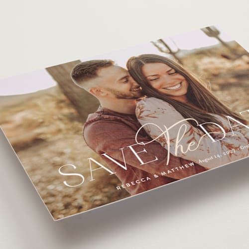 This is a sugar petite save the dates with foil pressed by Jessica Williams called enchanting printing on recycled smooth signature in petite
