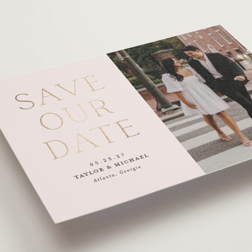 This is a natural petite save the dates with foil pressed by Vanessa Doyle called soon to wed printing on recycled smooth signature in petite