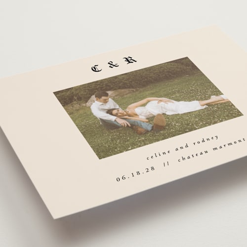This is a ecru petite save the dates with standard by AK Graphics called marmont printing on recycled smooth signature in petite