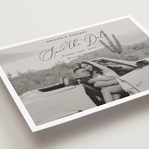 This is a nero petite save the dates with standard by Pati Cascino called toulon printing on recycled smooth signature in petite