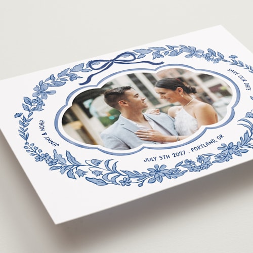 This is a porcelain petite save the dates with standard by Elly called charm printing on recycled smooth signature in petite