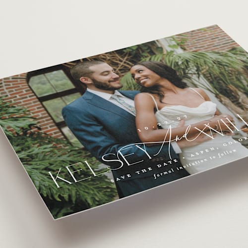 This is a pearl petite save the dates with standard by Brooke Chandler called l'amour printing on recycled smooth signature in petite