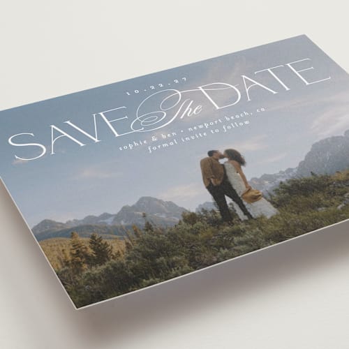 This is a pearl petite save the dates with standard by Brooke Chandler called novella printing on recycled smooth signature in petite