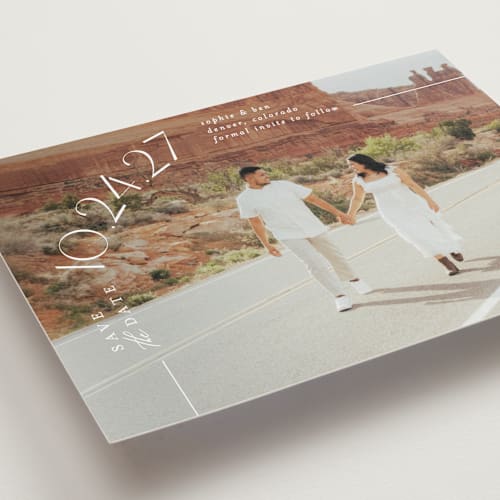 This is a pearl petite save the dates with standard by Brooke Chandler called curved date printing on recycled smooth signature in petite
