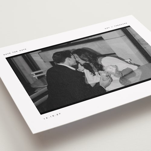 This is a onyx petite save the dates with standard by Pixel and Hank called photosnap printing on recycled smooth signature in petite