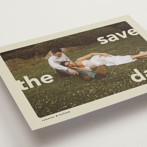 This is a mint petite save the dates with standard by Lori Wemple called save.the.date printing on recycled smooth signature in petite
