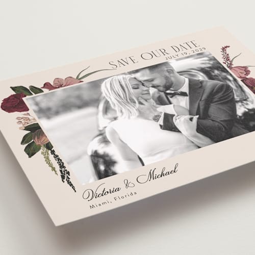 This is a merlota petite save the dates with standard by Susan Moyal called romantics printing on recycled smooth signature in petite