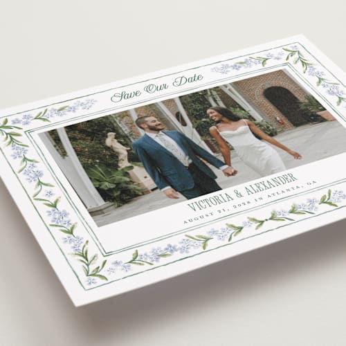This is a wisteria petite save the dates with standard by Jenna Holcomb called vintage sketched printing on recycled smooth signature in petite