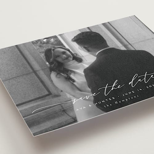 This is a snow petite save the dates with standard by Nicoletta Savod called for forever printing on recycled smooth signature in petite