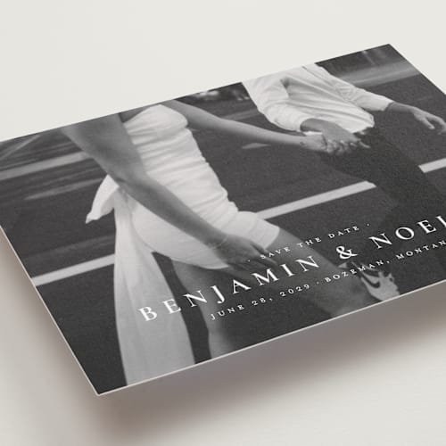 This is a cloud petite save the dates with standard by Wildfield Paper Co called the classic printing on recycled smooth signature in petite