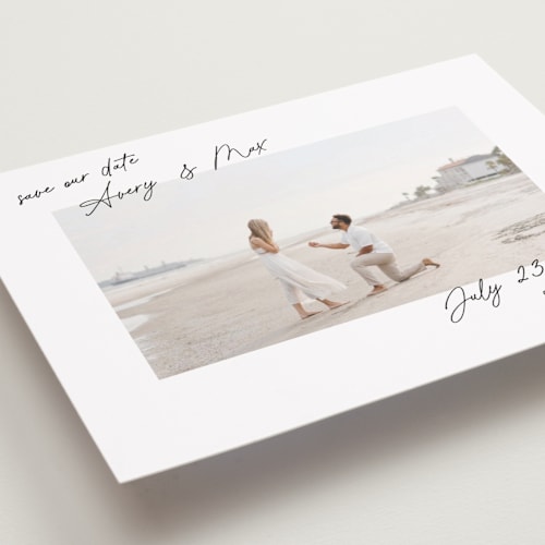 This is a pearl petite save the dates with standard by Lindsay Megahed called joyful jot printing on recycled smooth signature in petite