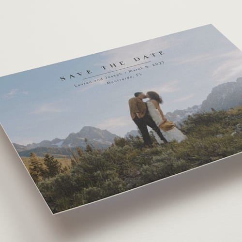 This is a midnight petite save the dates with standard by Abi de Leon called magical printing on recycled smooth signature in petite