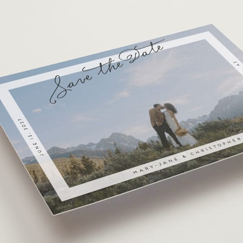 This is a porcelain petite save the dates with standard by lulu and isabelle called postcard perfect printing on recycled smooth signature in petite