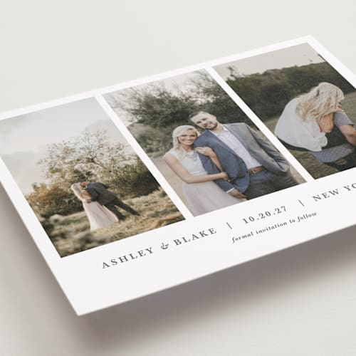 This is a slate petite save the dates with standard by Jula Paper Co. called maybe im amazed printing on recycled smooth signature in petite