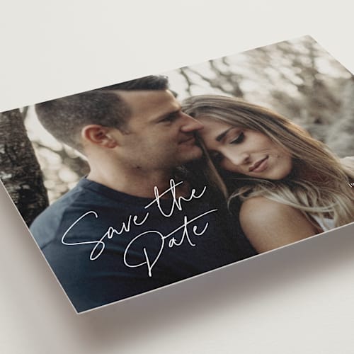 This is a canvas petite save the dates with standard by Stacey Meacham called heartfelt printing on recycled smooth signature in petite