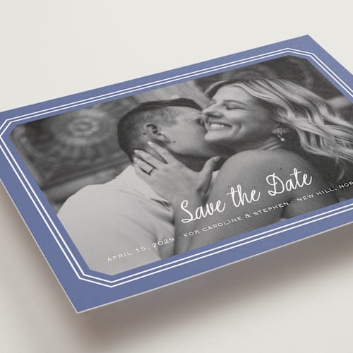 This is a blueberry petite save the dates with standard by Carolyn MacLaren called deluxe printing on recycled smooth signature in petite