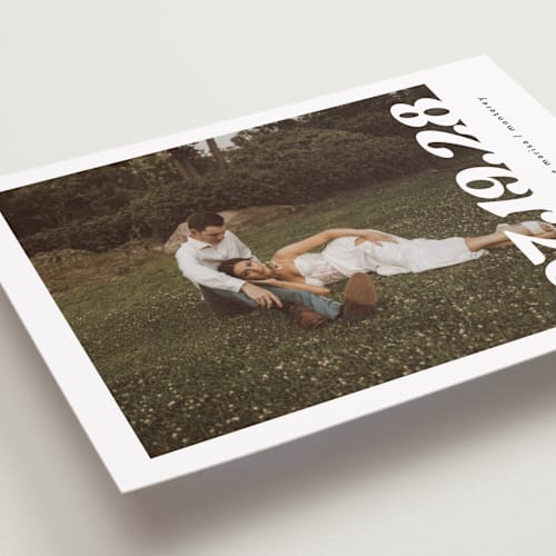 This is a pearl petite save the dates with standard by Christie Garcia called sidele printing on recycled smooth signature in petite